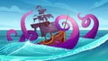 Battle between giant octopus and pirate ship in sea landscape, monster sinking boat