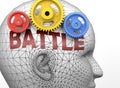 Battle and human mind - pictured as word Battle inside a head to symbolize relation between Battle and the human psyche, 3d