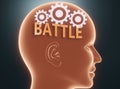 Battle inside human mind - pictured as word Battle inside a head with cogwheels to symbolize that Battle is what people may think