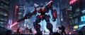 Battle robot transformer in futuristic night city Robotics artificial intelligence technologies cyborg, military combat