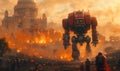 A battle scene with explosions. A massive robot, towering over the landscape, stands firmly on top of a vast field