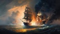 Battle of sea, old sailing ships in fire and smoke, illustration, generative AI Royalty Free Stock Photo