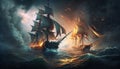 Battle of sea, old sailing ships in fire and smoke, illustration, generative AI Royalty Free Stock Photo