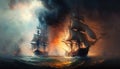 Battle of sea, old sailing ships in fire and smoke, illustration, generative AI Royalty Free Stock Photo