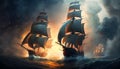 Battle of sea, old sailing ships in fire and smoke, illustration, generative AI