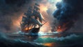 Battle of sea, old sailing ships in fire and smoke, illustration, generative AI