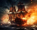 The Battle of sea old wooden ship has a sling on it. Royalty Free Stock Photo