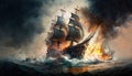 Battle of sea, old wooden ship sailing on background of fire and smoke, illustration, generative AI Royalty Free Stock Photo