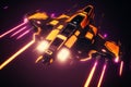 Battle spaceship with neon lights. Futuristic flight in space. Background with sci-fi spacecraft. Generated AI.