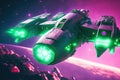 Battle spaceship with neon lights. Futuristic flight in space. Background with sci-fi spacecraft. Generated AI.