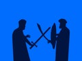The battle of swords. Silhouette of two men beating on swords. Medieval duel. Vector