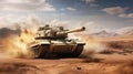 Battle Tank in Action in Desert. Military Operation in the desert. Military concept