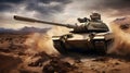 Battle Tank in Action in Desert. Military Operation in the desert. Military concept.