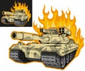 Battle tank on fire, variant on black and white background, battle tank colored drawing. Royalty Free Stock Photo