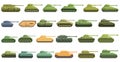 Battle tank icons set cartoon vector. War armed