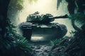 battle tank navigating through dense jungle, ready for battle