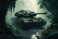 battle tank navigating through dense jungle, ready for battle