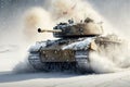 battle tank navigating through snow-covered terrain, covering its tracks Royalty Free Stock Photo
