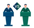 Battle of team leaders, fight of opponents. Comparison vs, versus. Man in conference suit on podium, tribune. Speech by people