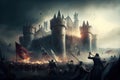 battle between two armies, with castle in the background, storming each other Royalty Free Stock Photo