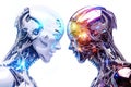 Battle between two futuristic robots or cyborgs. Artificial intelligence concept. Background in technology style. Generative AI.