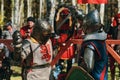 Battle of two knights in the arena. Epic sword fight. Royalty Free Stock Photo