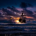 A battle between two sailing ships on the open sea during a storm. Pirate attack on a merchant ship Royalty Free Stock Photo