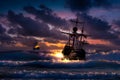 A battle between two sailing ships on the open sea during a storm. Pirate attack on a merchant ship Royalty Free Stock Photo