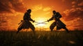 The battle of two samurai in a meadow under the sunset Royalty Free Stock Photo