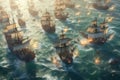 Battle wooden ship sea. Generate Ai