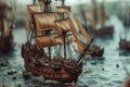 Battle wooden ship sea. Generate Ai Royalty Free Stock Photo