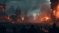 Battlefield in a futuristic war. Military clash on the streets of the city. Fire, explosions and soldiers with military