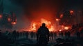 Battlefield in a futuristic war. Military clash on the streets of the city. Fire, explosions and soldiers with military