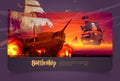 Battleship cartoon web banner, pirate ship battle