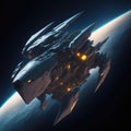 Battleship Flying Futuristic, Sci-fi Deep Space, Planets, stars, Generative Ai