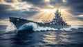 Battleship Number 44 Sailing Through Crashing Waves Under Dramatic Sun Rays and Clouds Keywords: battleship, naval Royalty Free Stock Photo
