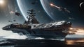 a battleship and several space ships in the water next to an earth