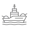 Battleship thin line icon, navy and army, warship sign, vector graphics, a linear pattern on a white background. Royalty Free Stock Photo