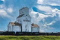 Battrum, SK/Canada- July 23, 2019: Storm clouds around the vintage grain elevator in Battrum, Saskatchewan