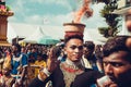 BATU CAVES, SELANGOR, MALAYSIA - JANUARY 31, 2018 Hindu devotees celebrate Thaipusam festival with procession. Indian dancer man p Royalty Free Stock Photo