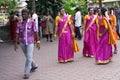 Indian girls walk together after praying in Batu Caves Temple, Malaysia