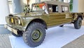 Batu City, Indonesia - November 2022 : Army Green Vintage Jeep Willys Truck Car Parked in Automotive Contest