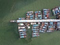 Aerial top down view fisherman boat park at jetty