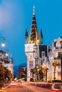 Batumi, Adjara, Georgia. Evening View On Former National Bank Building With Astronomical Clock