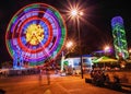 Batumi, Adjara, Georgia. Ferris Wheel At Promenade In Miracle Park, Amusement City Park On Night Time