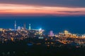 Batumi, Adjara, Georgia. Aerial View Of Urban Cityscape At Sunset. Town At Evening Blue Hour time. City In Night Lights