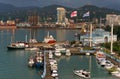 BATUMI, GEORGIA, AJARIA - September 06, 2022: Top view of Batumi seaport, cargo ships in the port, mountains and sea