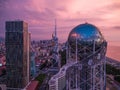 Batumi, Georgia - 2018: Alphabet Tower at sunset, aerial view