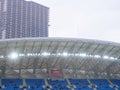 Arch of the stadium. Engineering design. Part of the roof of the stadium. Rain canopy in a modern stadium