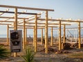 Construction on the shore of a commercial facility. Wooden frame. Resort